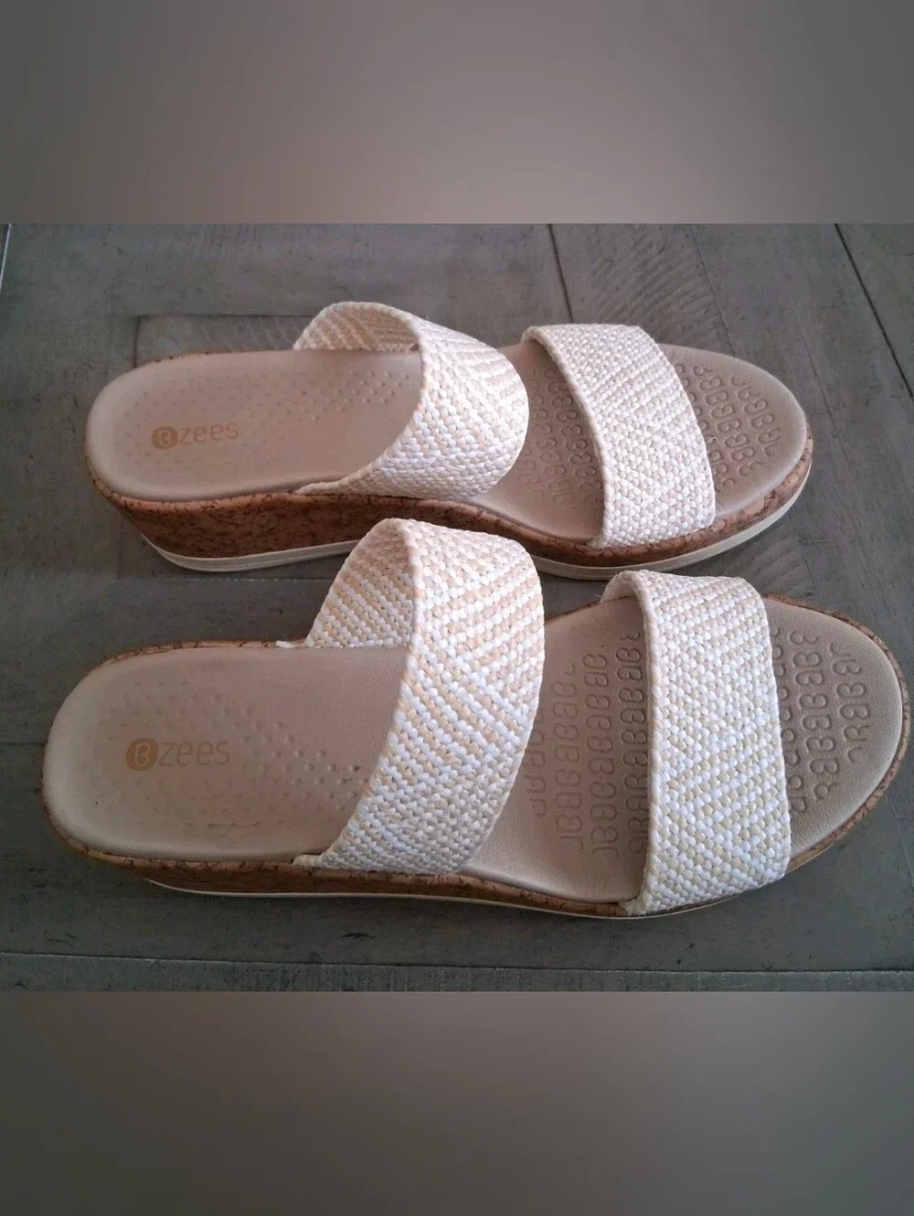 B Zees Women's  Wedge Double Strap Sandals White/Tan Cork Heels Sz 9.5 Coastal
